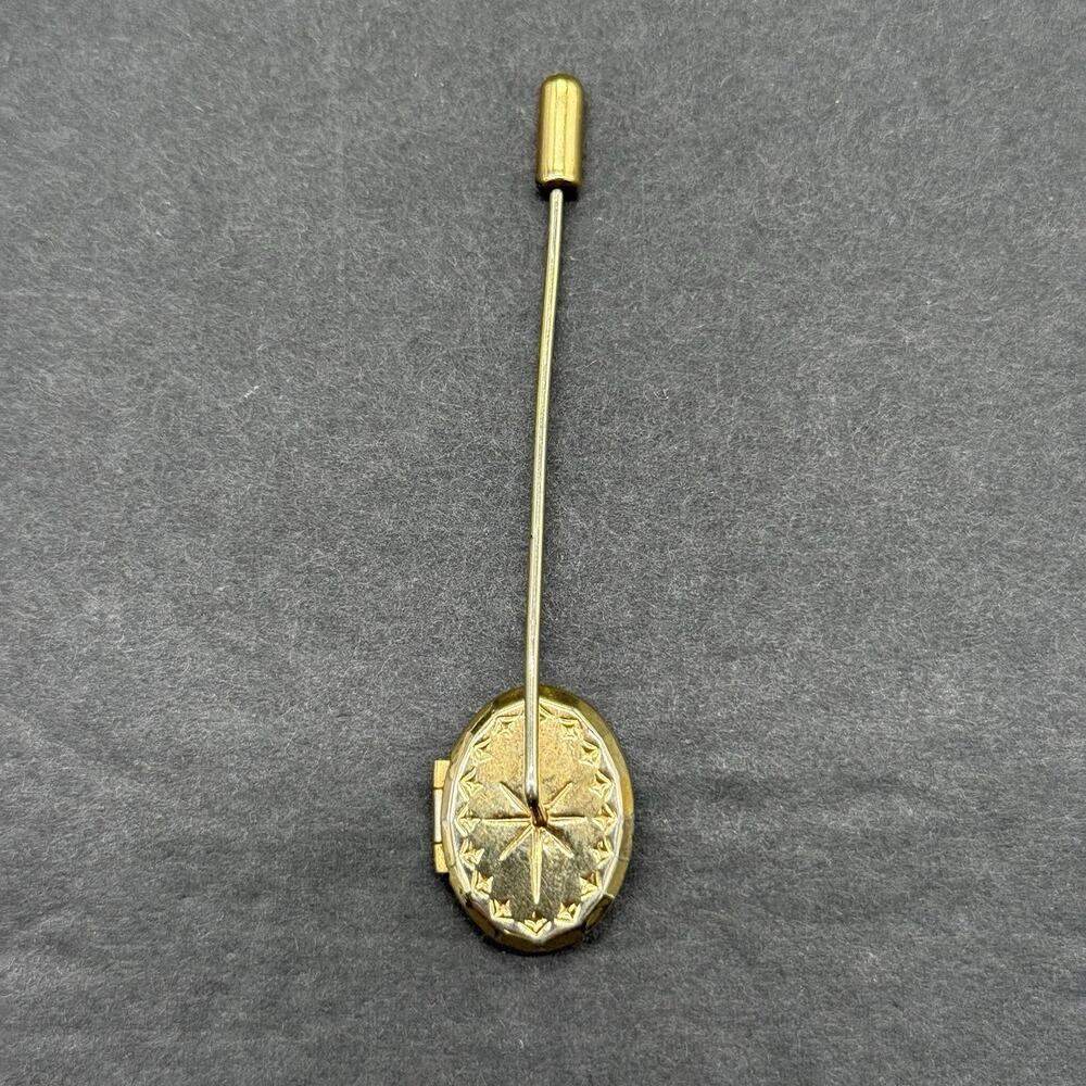 Vintage Gold Tone Oval Locket Stick Pin Etched Starburst Celestial Lapel Hat Pin - Picture 3 of 8